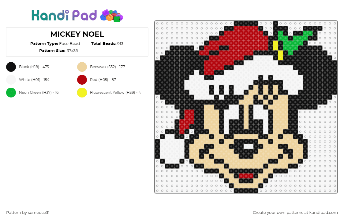 MICKEY NOEL - Fuse Bead Pattern by semeuse31 on Kandi Pad - mickey mouse,christmas,santa,hat,happy,disney,character,head,red,black,beige,white