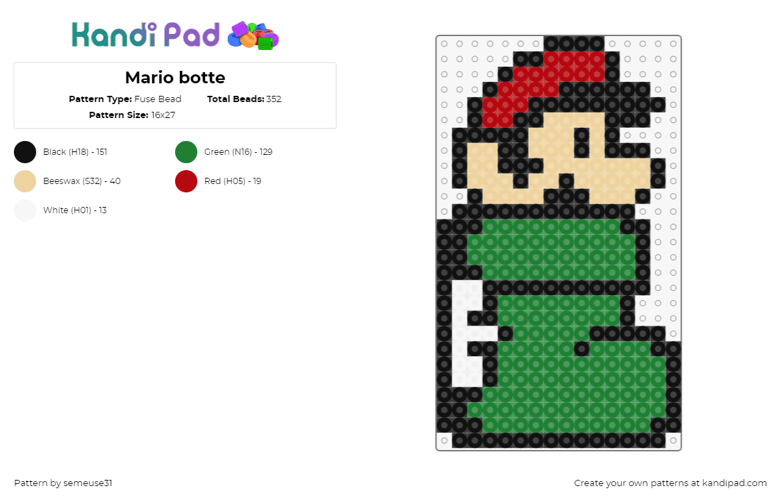 Mario botte - Fuse Bead Pattern by semeuse31 on Kandi Pad - boot,mario,nintendo,video game,green,red