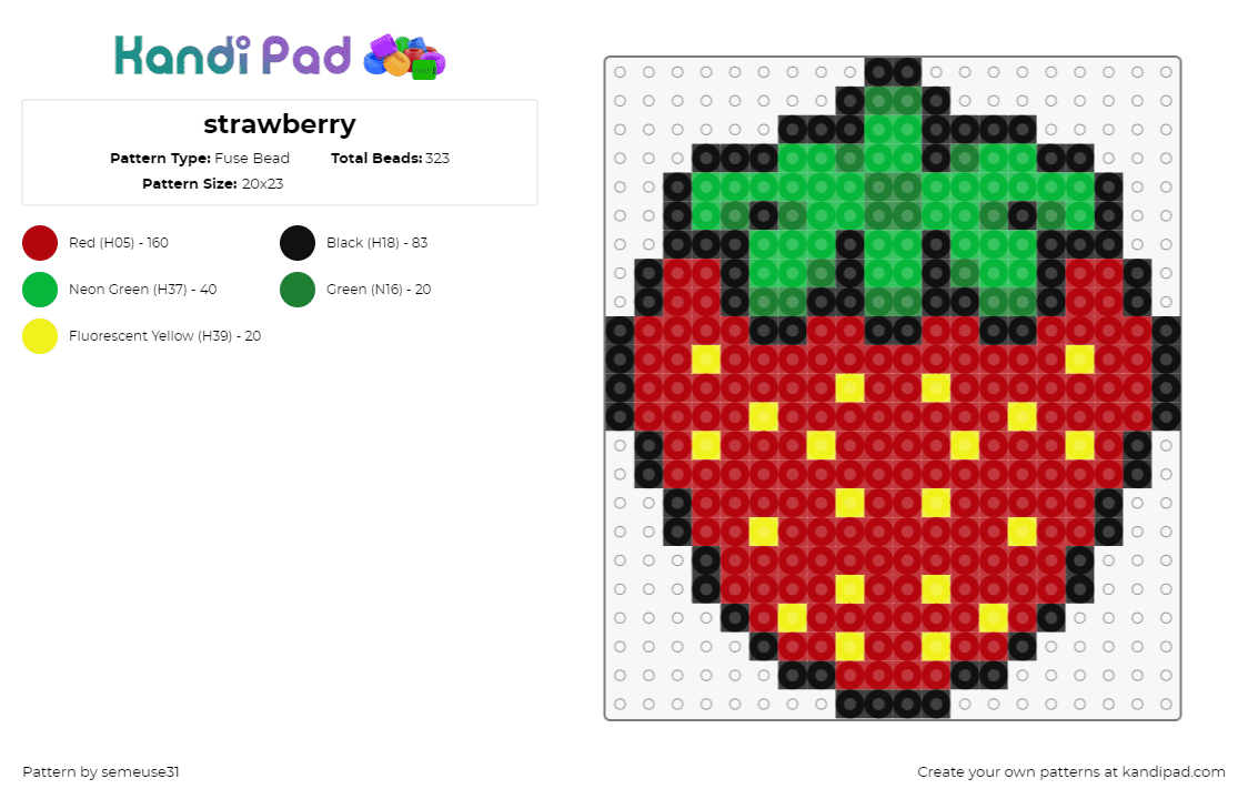 strawberry - Fuse Bead Pattern by semeuse31 on Kandi Pad - strawberry,fruit,food,summer,red,green,yellow