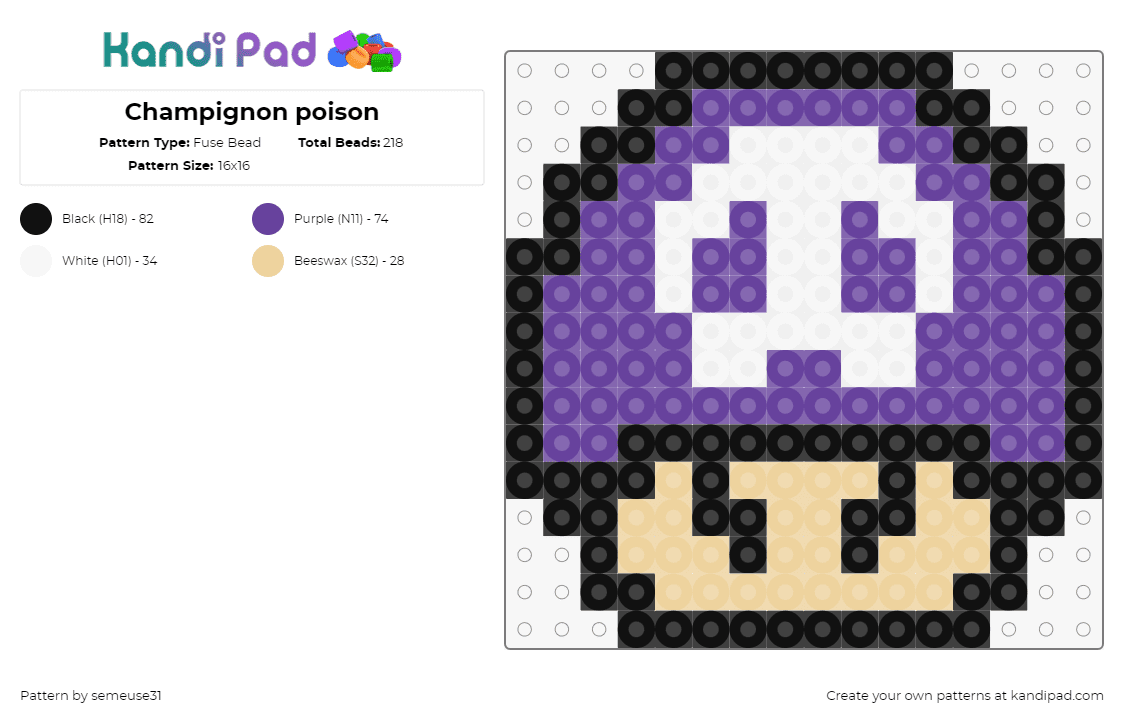 Champignon poison Mario - Fuse Bead Pattern by semeuse31 on Kandi Pad - poison,mushroom,mario,skull,nintendo,video game,purple,tan,white