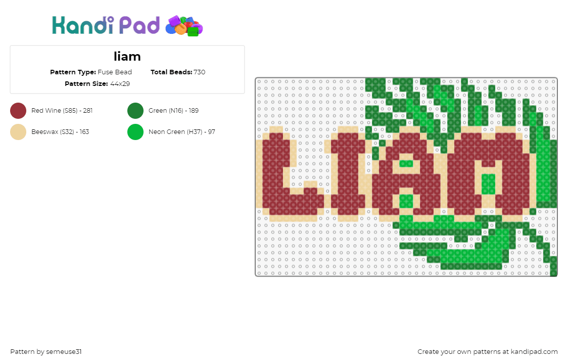 liam - Fuse Bead Pattern by semeuse31 on Kandi Pad - liam,name,leaf,text,tropical,red,green