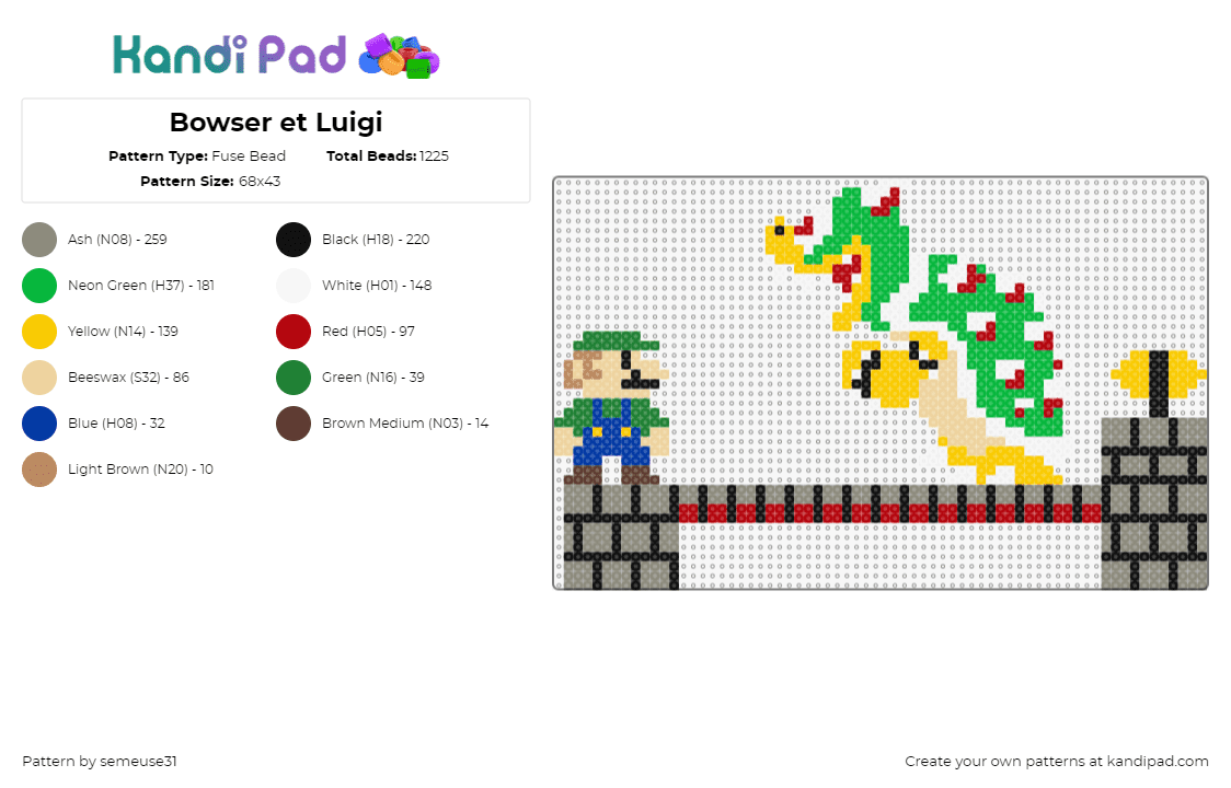 Bowser et Luigi - Fuse Bead Pattern by semeuse31 on Kandi Pad - bowser,luigi,mario,nintendo,video game,characters,level,boss,castle,green,gray,yellow