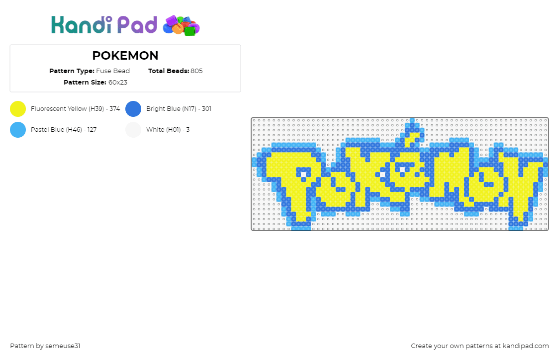 POKEMON - Fuse Bead Pattern by semeuse31 on Kandi Pad - pokemon,logo,gaming,yellow,light blue