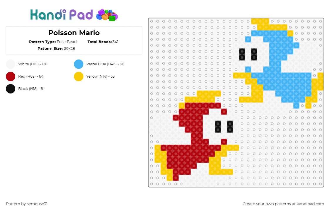 Poisson Mario - Fuse Bead Pattern by semeuse31 on Kandi Pad - cheep cheep,fish,mario,nintendo,video game,yellow,red,light blue,white