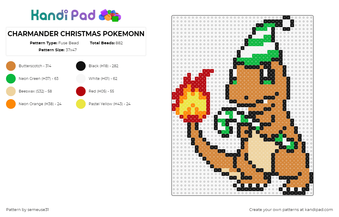 CHARMANDER CHRISTMAS POKEMON GREEN - Fuse Bead Pattern by semeuse31 on Kandi Pad - charmander,pokemon,christmas,starter,flame,fiery,hat,candy cane,cute,gaming,orange,green