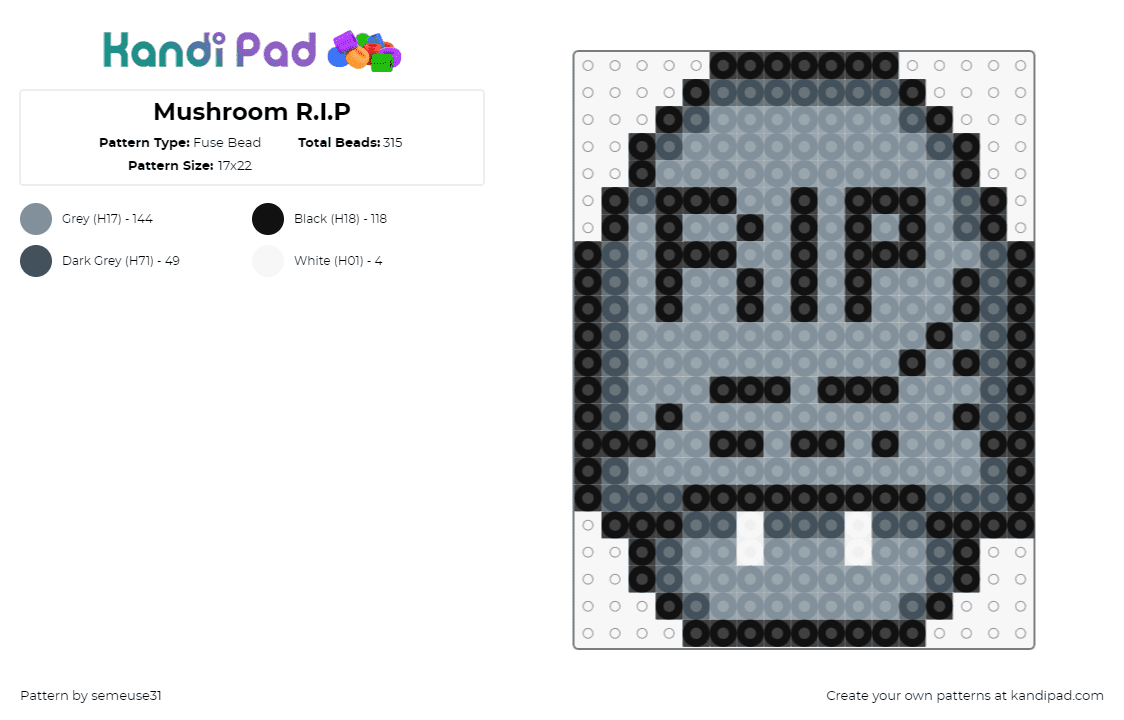 Mushroom R.I.P - Fuse Bead Pattern by semeuse31 on Kandi Pad - rip,tombstone,mushroom,mario,nintendo,grave,death,halloween,gray