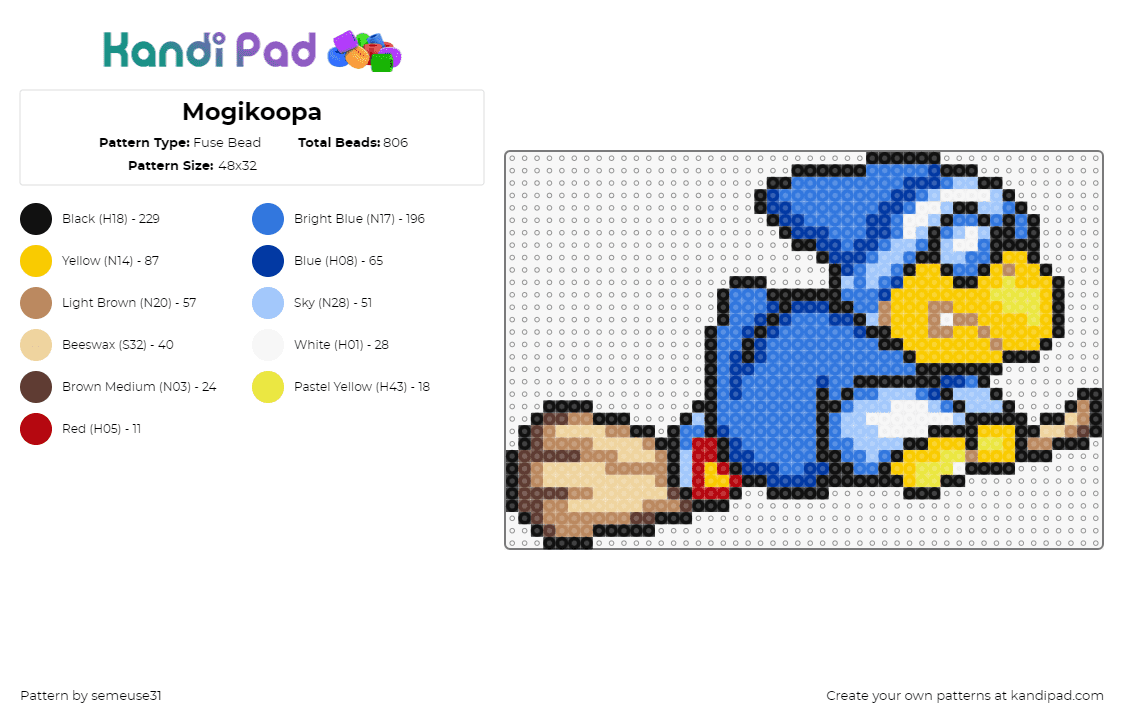 Mogikoopa - Fuse Bead Pattern by semeuse31 on Kandi Pad - magikoopa,mario,character,video game,broom,nintendo,blue,tan,yellow,light blue