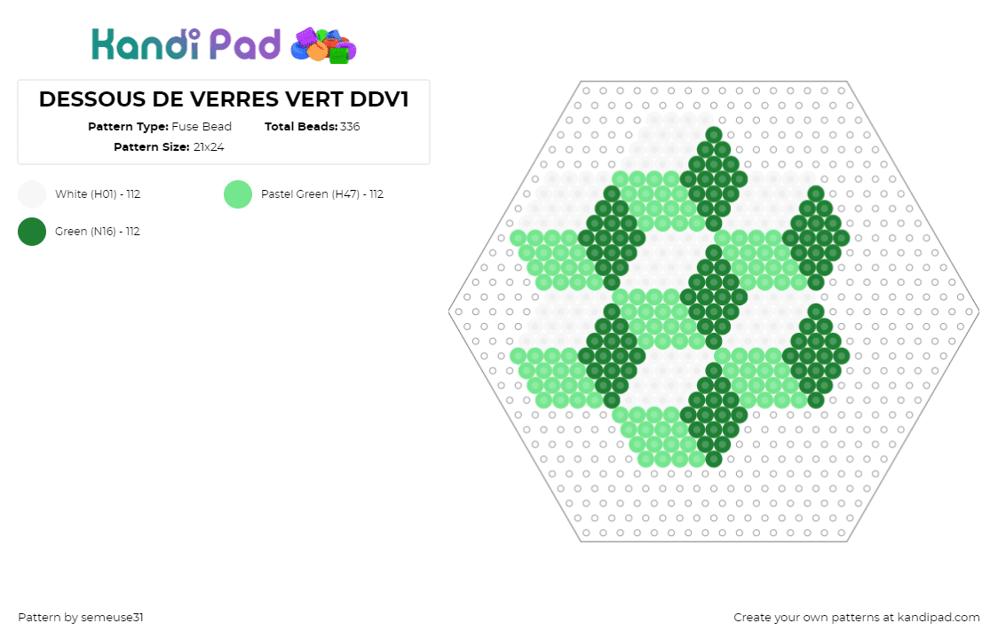 DESSOUS DE VERRES VERT DDV1 - Fuse Bead Pattern by semeuse31 on Kandi Pad - blocks,geometric,3d,hexagon,green,white