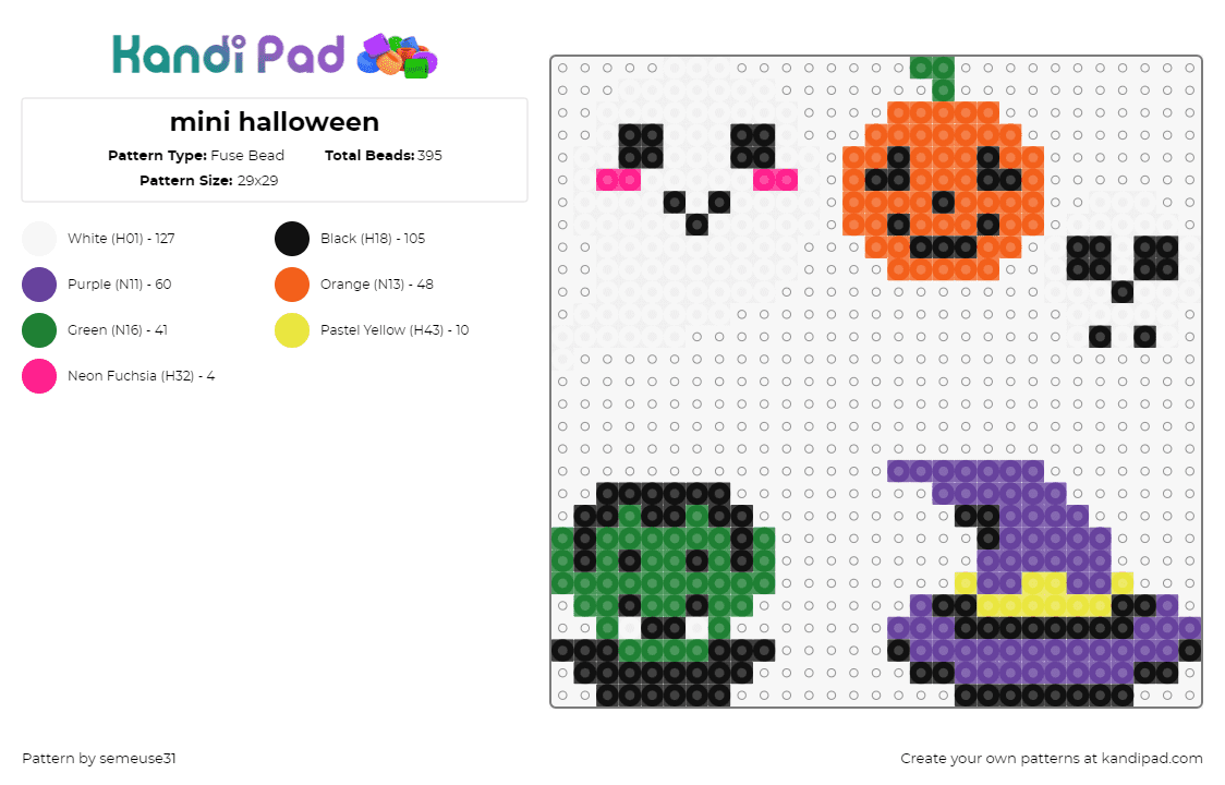 mini halloween - Fuse Bead Pattern by semeuse31 on Kandi Pad - halloween,charms,spooky,cute,vampire,ghost,pumpkin,skull,witch,hat,colorful,green,orange,purple,white