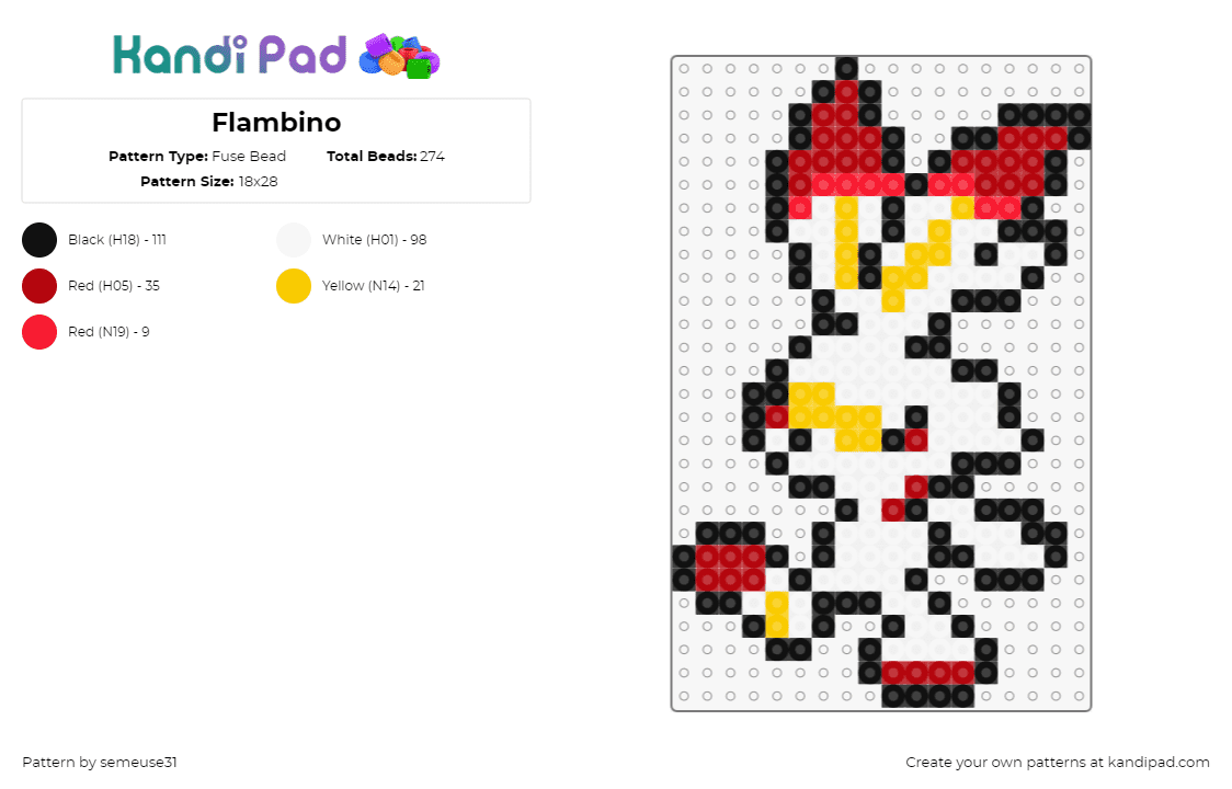 Flambino - Fuse Bead Pattern by semeuse31 on Kandi Pad - scorbunny,pokemon,character,gaming,white,red