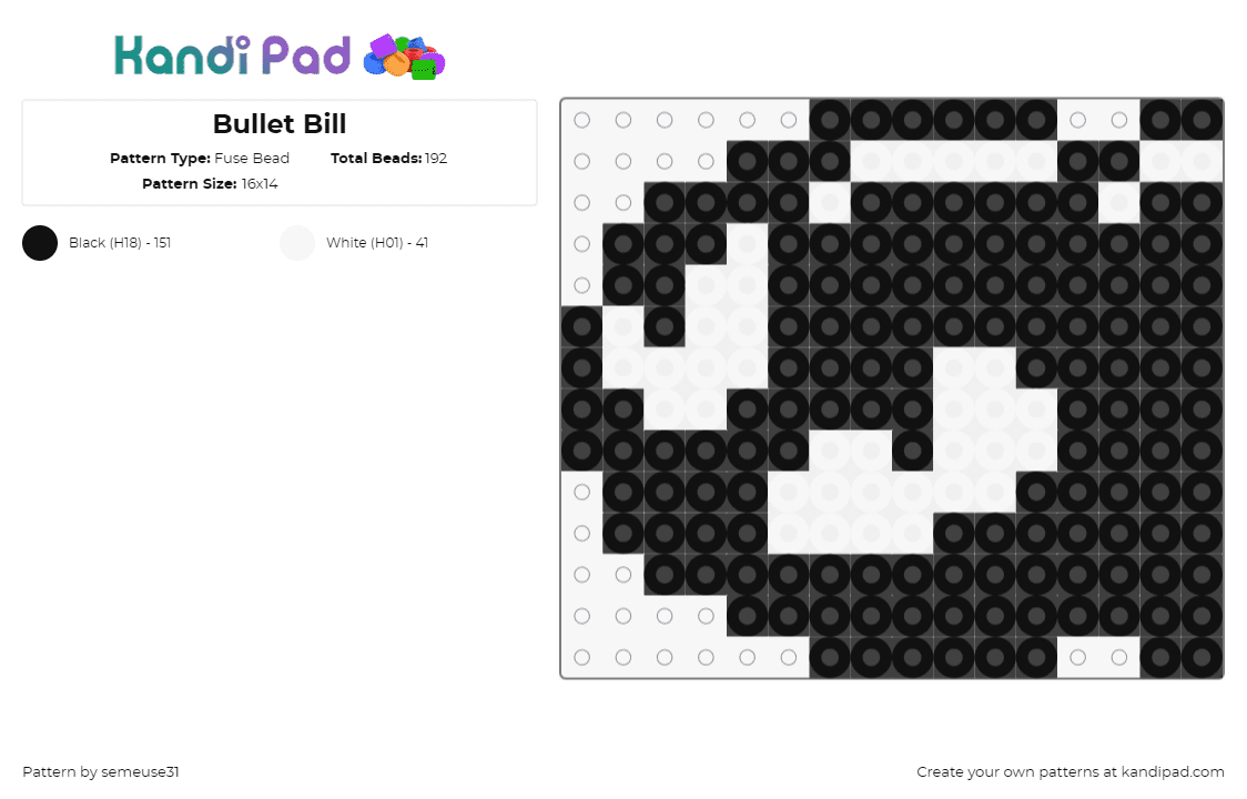 Missile Mario - Fuse Bead Pattern by semeuse31 on Kandi Pad - bullet bill,mario,nintendo,video game,black,white