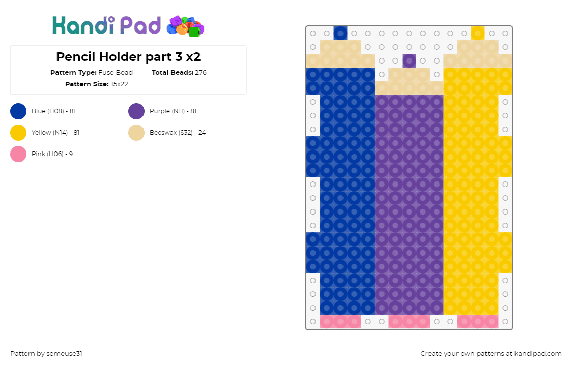 Pencil Holder part 3 x2 - Fuse Bead Pattern by semeuse31 on Kandi Pad - pencils,colorful,panel,box,3d,blue,purple,yellow