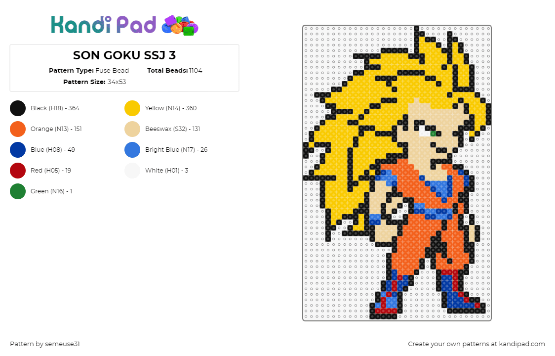 SON GOKU SSJ 3 - Fuse Bead Pattern by semeuse31 on Kandi Pad - goku,dragon ball z,character,anime,tv show,yellow,orange