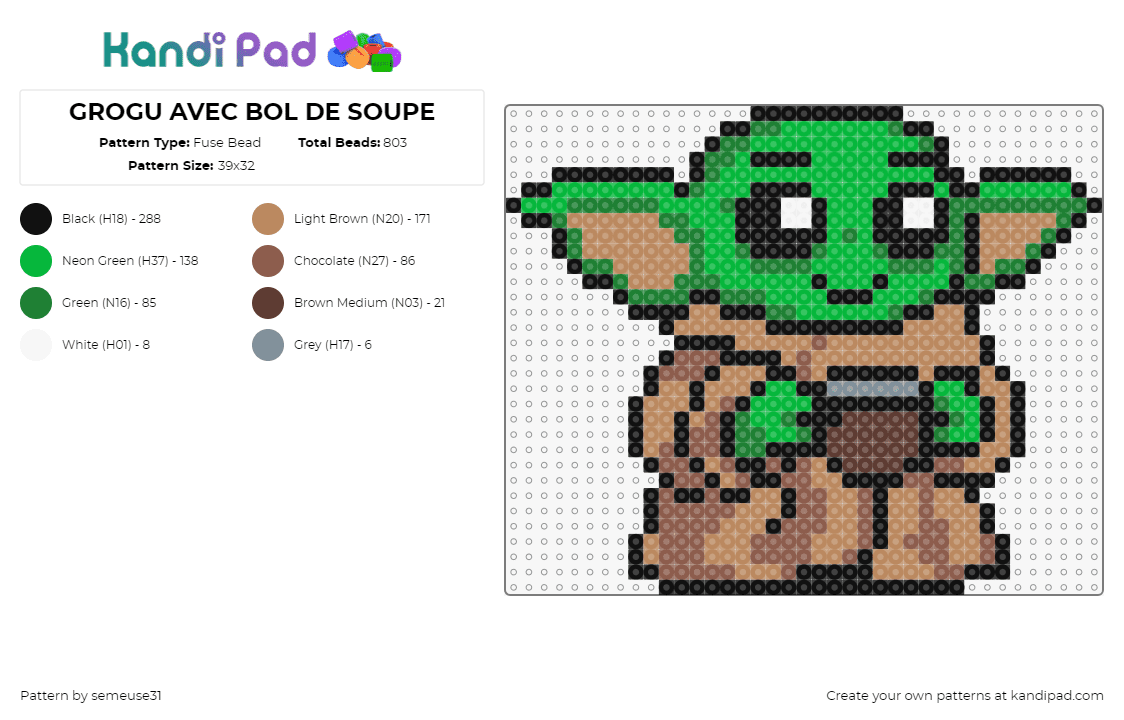 GROGU AVEC BOL DE SOUPE - Fuse Bead Pattern by semeuse31 on Kandi Pad - grogu,baby yoda,character,star wars,coffee,cute,scifi,soup,jedi,movie,green,tan