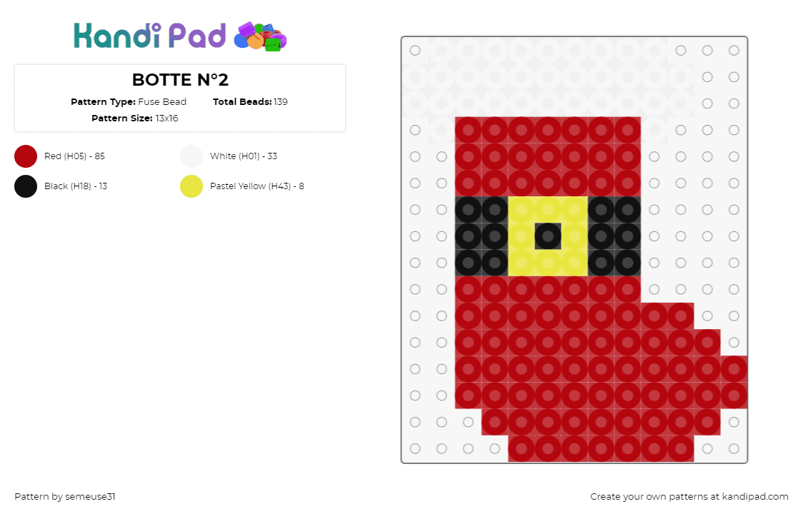 BOTTE N°2 - Fuse Bead Pattern by semeuse31 on Kandi Pad - stocking,santa,christmas,red