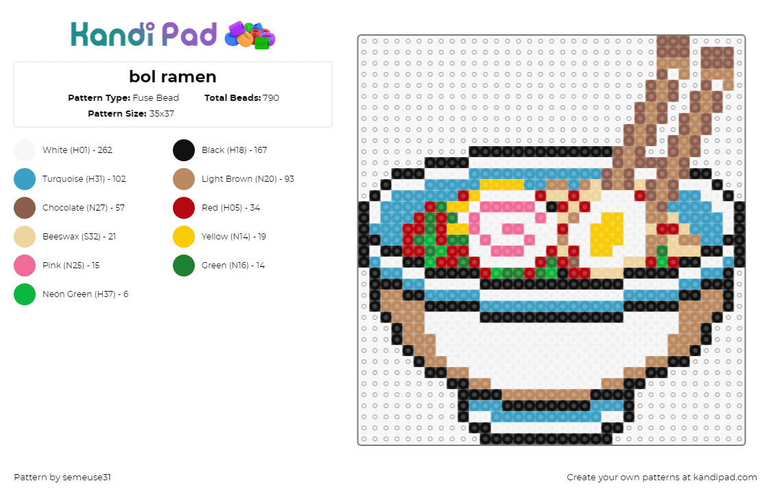 bol ramen - Fuse Bead Pattern by semeuse31 on Kandi Pad - ramen,noodles,bowl,soup,food,chop sticks,white,tan,blue