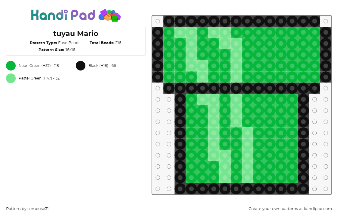 tuyau Mario - Fuse Bead Pattern by semeuse31 on Kandi Pad - pipe,mario,nintendo,video game,green