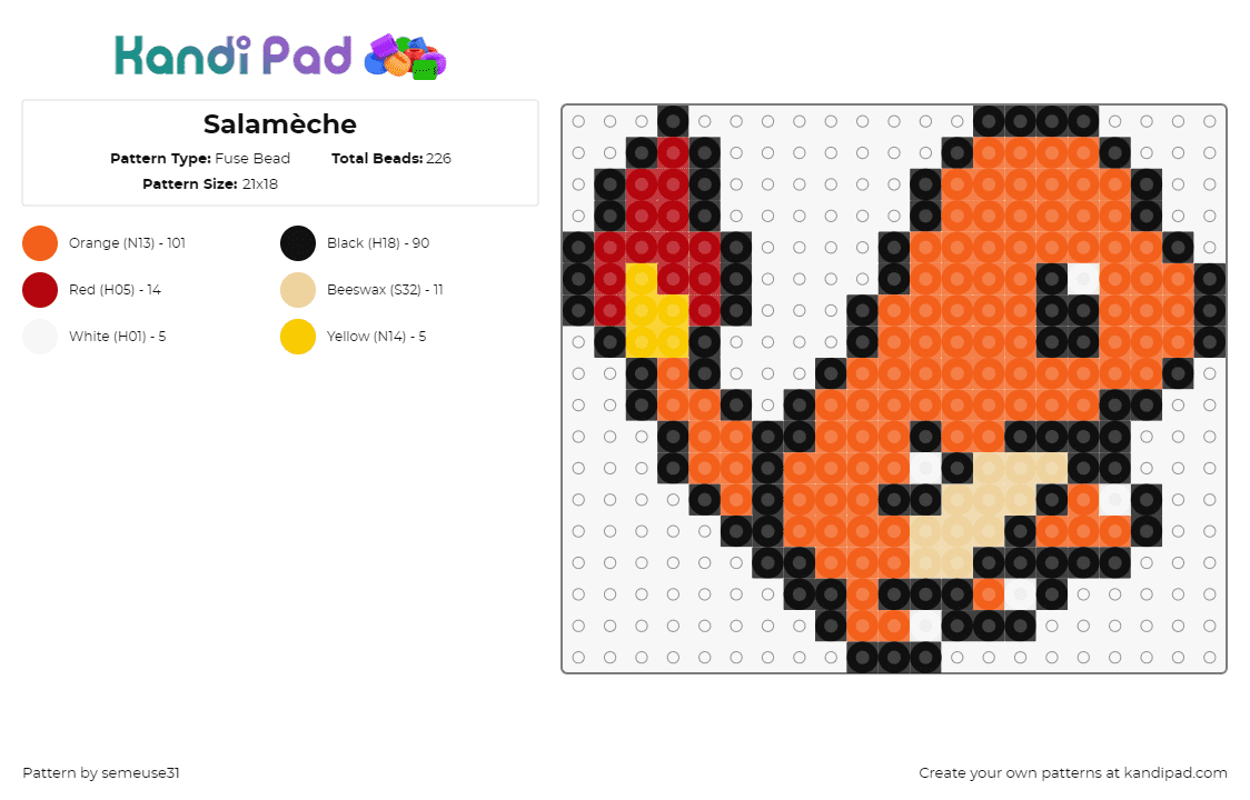 Salamèche - Fuse Bead Pattern by semeuse31 on Kandi Pad - charmander,pokemon,starter,character,gaming,flame,orange