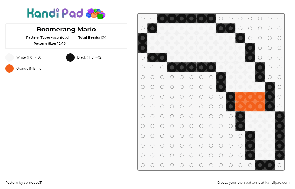 Boomerang Mario - Fuse Bead Pattern by semeuse31 on Kandi Pad - boomerang,mario,video game,nintendo,white,orange