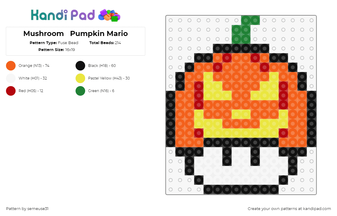 Mushroom   Pumpkin Mario - Fuse Bead Pattern by semeuse31 on Kandi Pad - jackolantern,pumpkin,mushroom,mario,nintendo,halloween,face,video game,orange,yellow,white