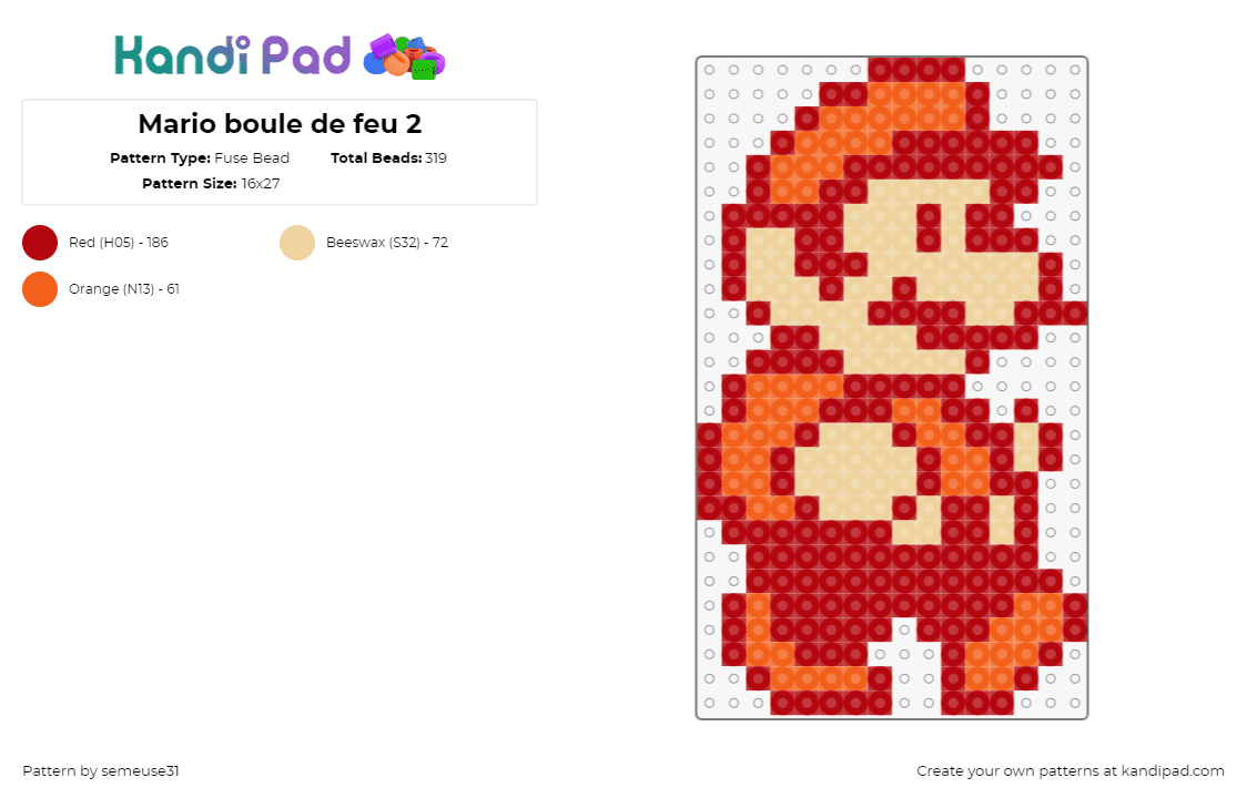 Mario boule de feu 2 - Fuse Bead Pattern by semeuse31 on Kandi Pad - mario,nintendo,character,fiery,video game,walking,retro,orange