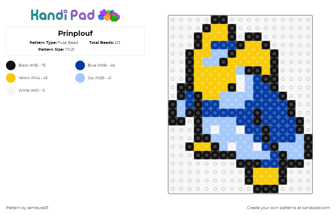 Prinplouf - Fuse Bead Pattern by semeuse31 on Kandi Pad - prinplup,pokemon,evolution,piplup,gaming,character,blue,light blue,yellow