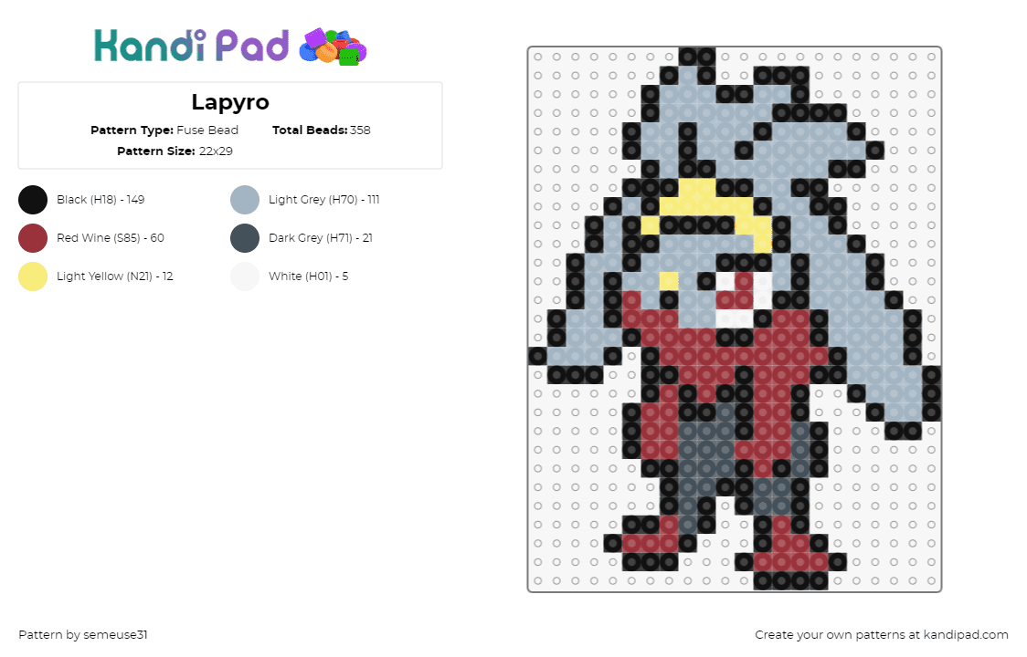 Lapyro - Fuse Bead Pattern by semeuse31 on Kandi Pad - raboot,pokemon,character,gaming,rappit,red,gray