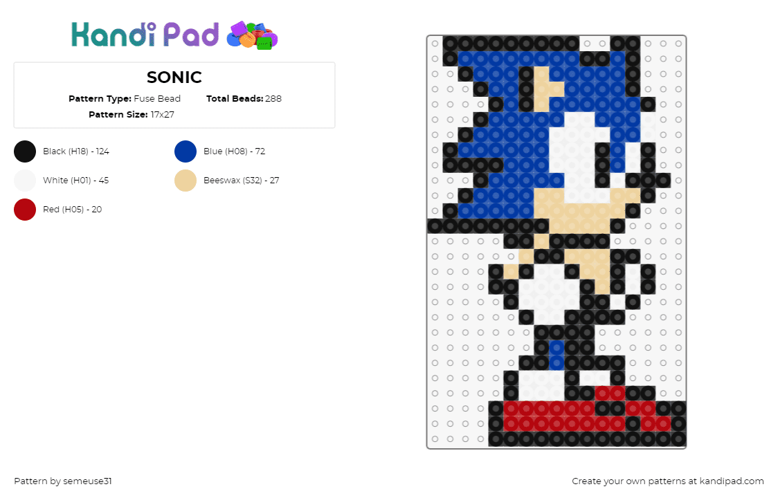 SONIC - Fuse Bead Pattern by semeuse31 on Kandi Pad - sonic the hedgehog,sega,video game,character,blue,red,white