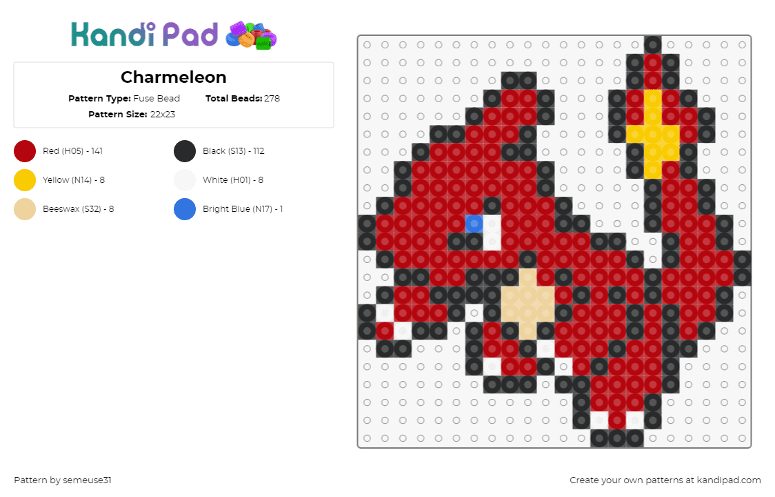 Reptincel - Fuse Bead Pattern by semeuse31 on Kandi Pad - charmeleon,pokemon,evolution,charmander,character,gaming,flame,red