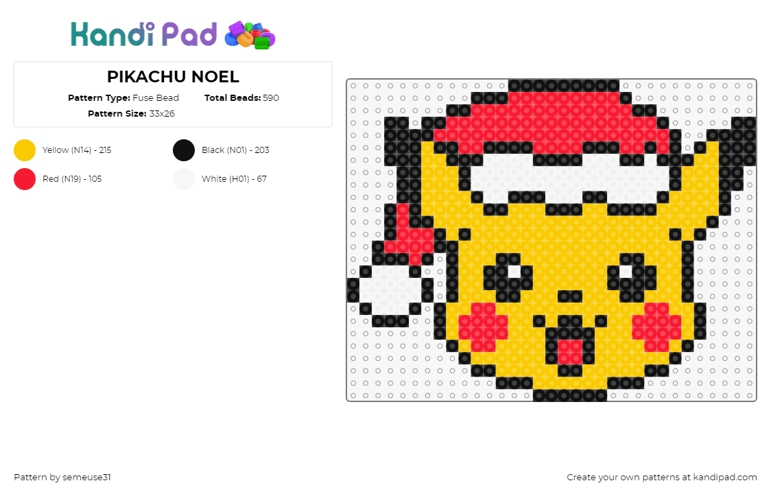 PIKACHU NOEL - Fuse Bead Pattern by semeuse31 on Kandi Pad - pikachu,santa,pokemon,character,hat,christmas,happy,cute,gaming,festive,yellow,red