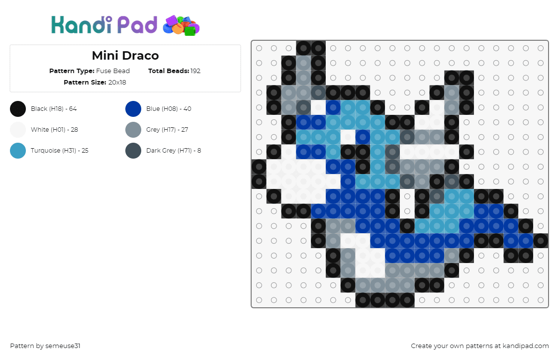 Mini Draco - Fuse Bead Pattern by semeuse31 on Kandi Pad - dragonair,pokemon,character,gaming,blue,gray