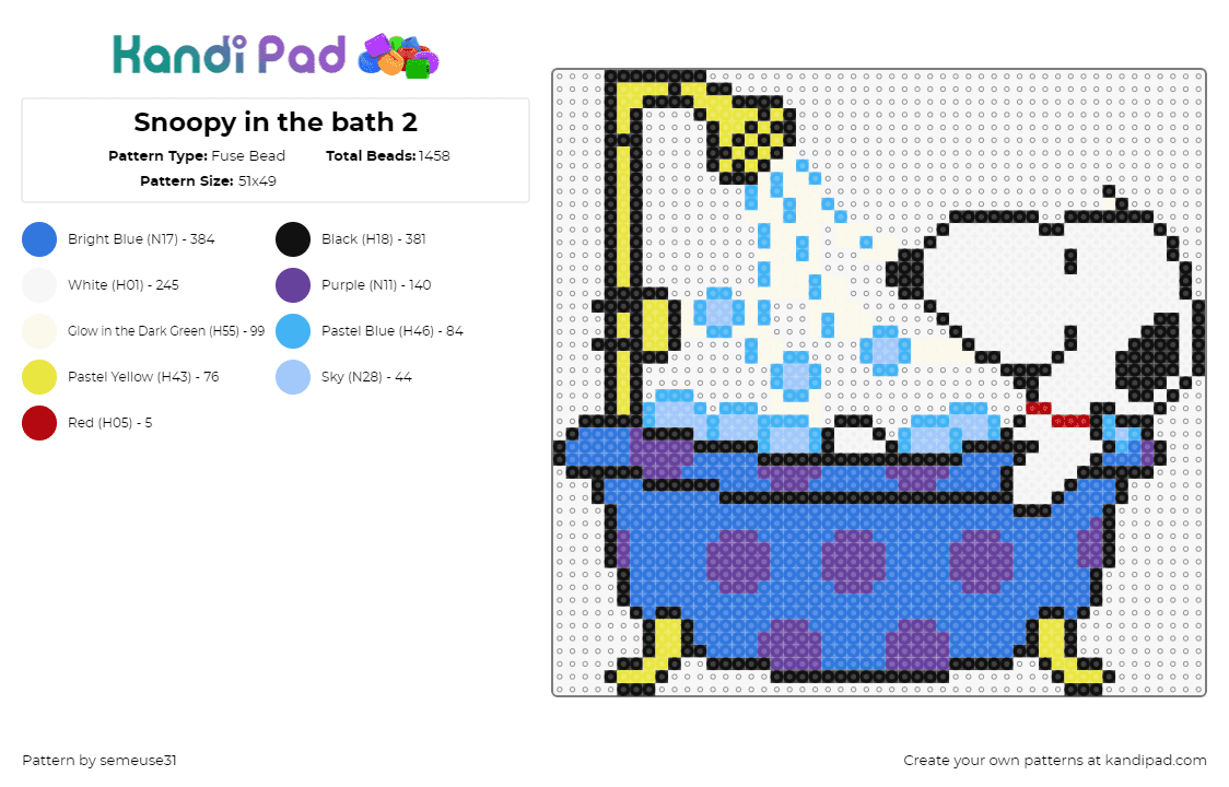 Snoopy in the bath 2 - Fuse Bead Pattern by semeuse31 on Kandi Pad - snoopy,bath,shower,tub,peanuts,bubbles,water,polka dots,dog,blue,purple,yellow,white