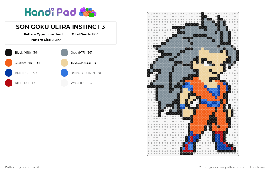 SON GOKU ULTRA INSTINCT 3 - Fuse Bead Pattern by semeuse31 on Kandi Pad - goku,dragon ball z,character,anime,tv show,gray,orange