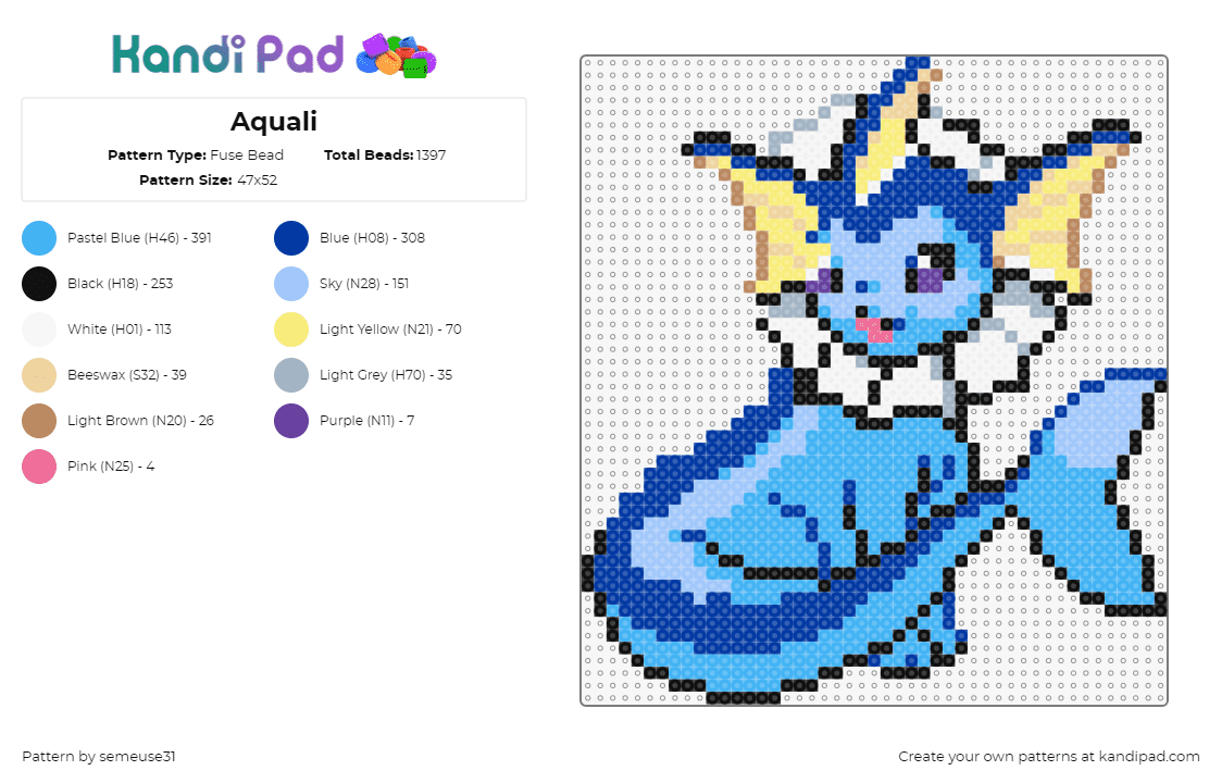 Aquali - Fuse Bead Pattern by semeuse31 on Kandi Pad - vaporeon,pokemon,evolution,eevee,character,gaming,blue,light blue