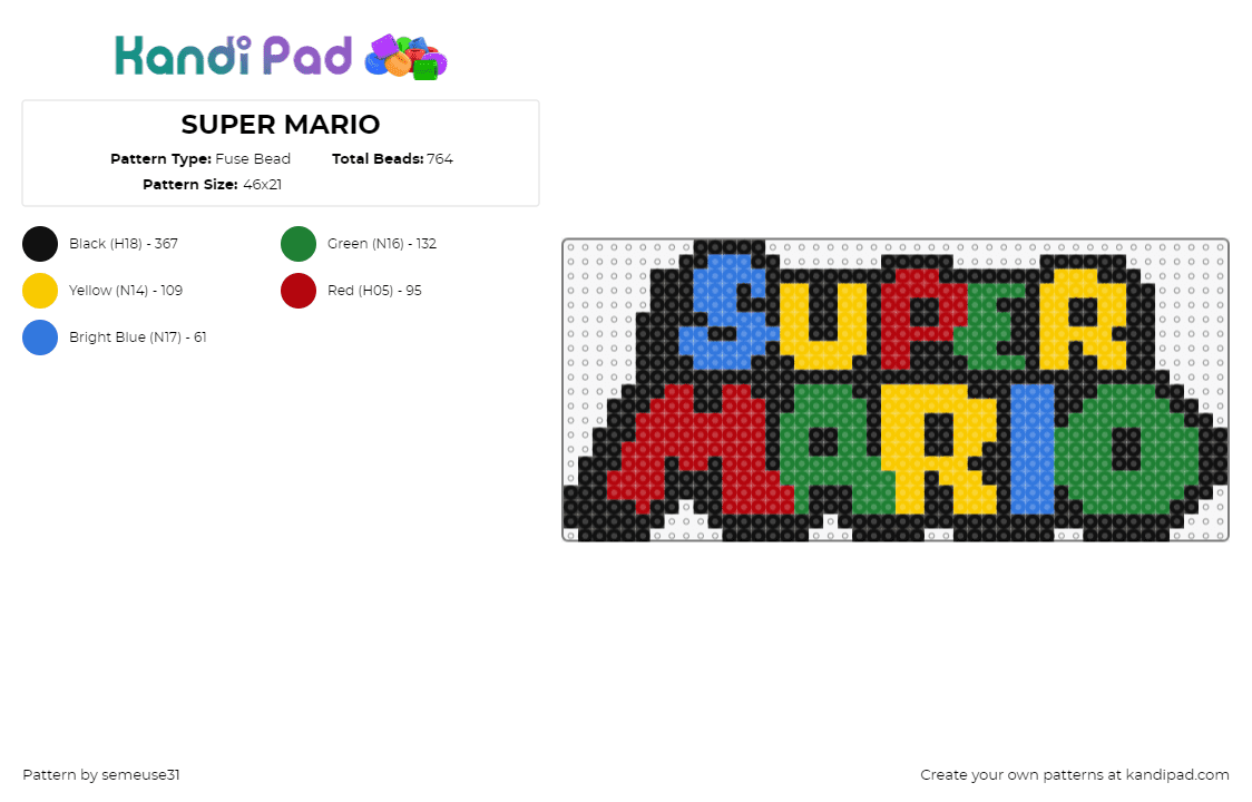 SUPER MARIO - Fuse Bead Pattern by semeuse31 on Kandi Pad - super mario,logo,nintendo,colorful,sign,video game,green,red,blue,yellow