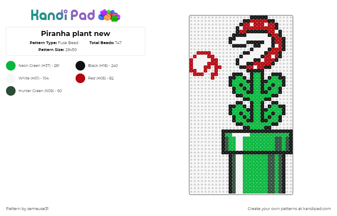 Plante Piranha - Fuse Bead Pattern by semeuse31 on Kandi Pad - piranha plant,pipe,fireball,mario,nintendo,video game,green,red