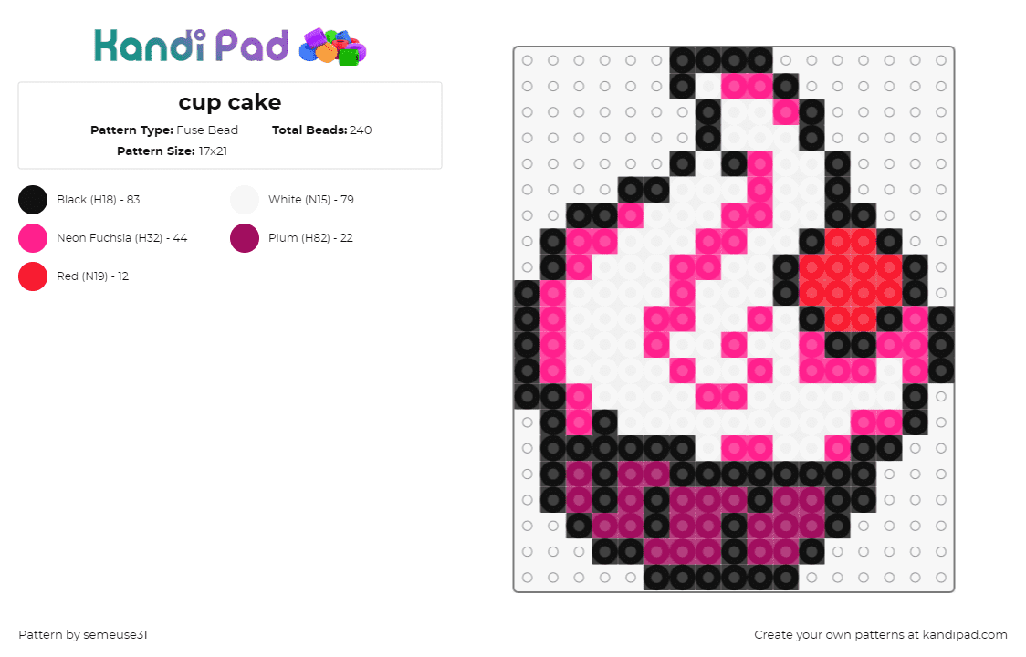 cup cake - Fuse Bead Pattern by semeuse31 on Kandi Pad - cupcake,dessert,party,birthday,sweet,cherry,swirl,pink,white