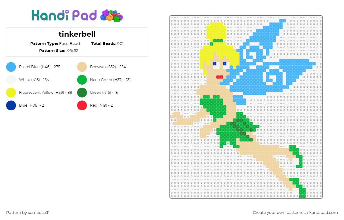 tinkerbell - Fuse Bead Pattern by semeuse31 on Kandi Pad - tinkerbell,peter pan,fairy,character,winged,cute,blonde,story,movie,green,light blue,yellow