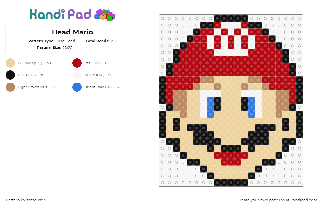 Head Mario - Fuse Bead Pattern by semeuse31 on Kandi Pad - mario,nintendo,head,character,video game,smile,tan,red