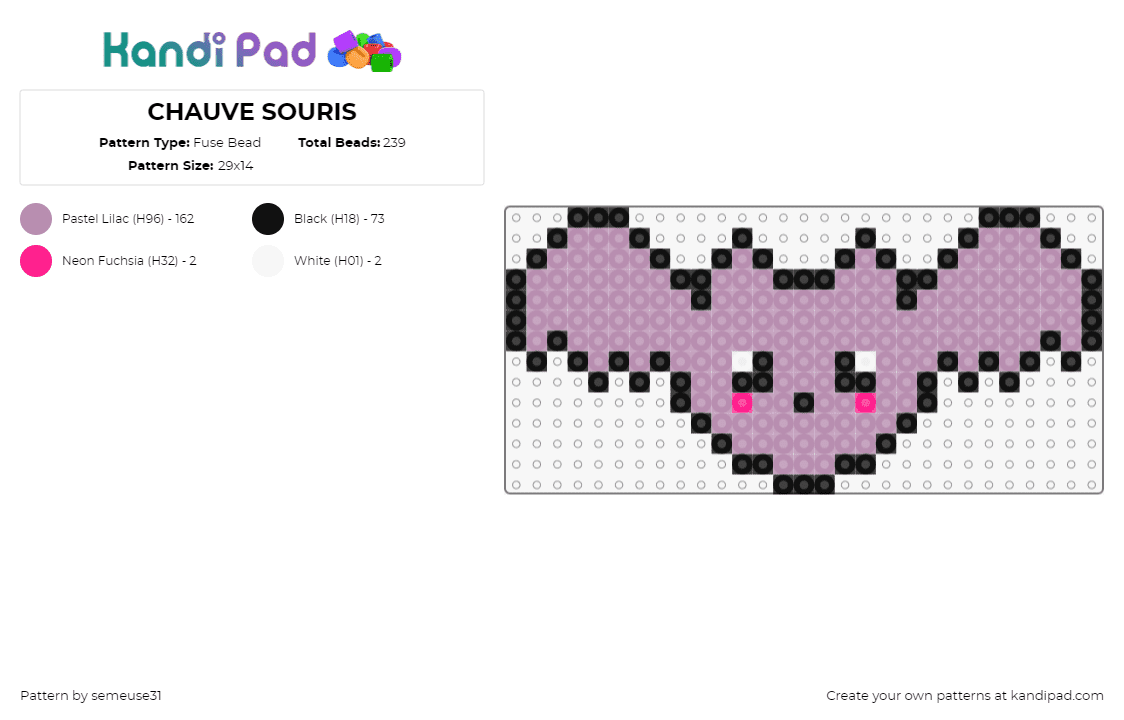 CHAUVE SOURIS - Fuse Bead Pattern by semeuse31 on Kandi Pad - bat,spooky,cute,halloween,winged,vampire,purple