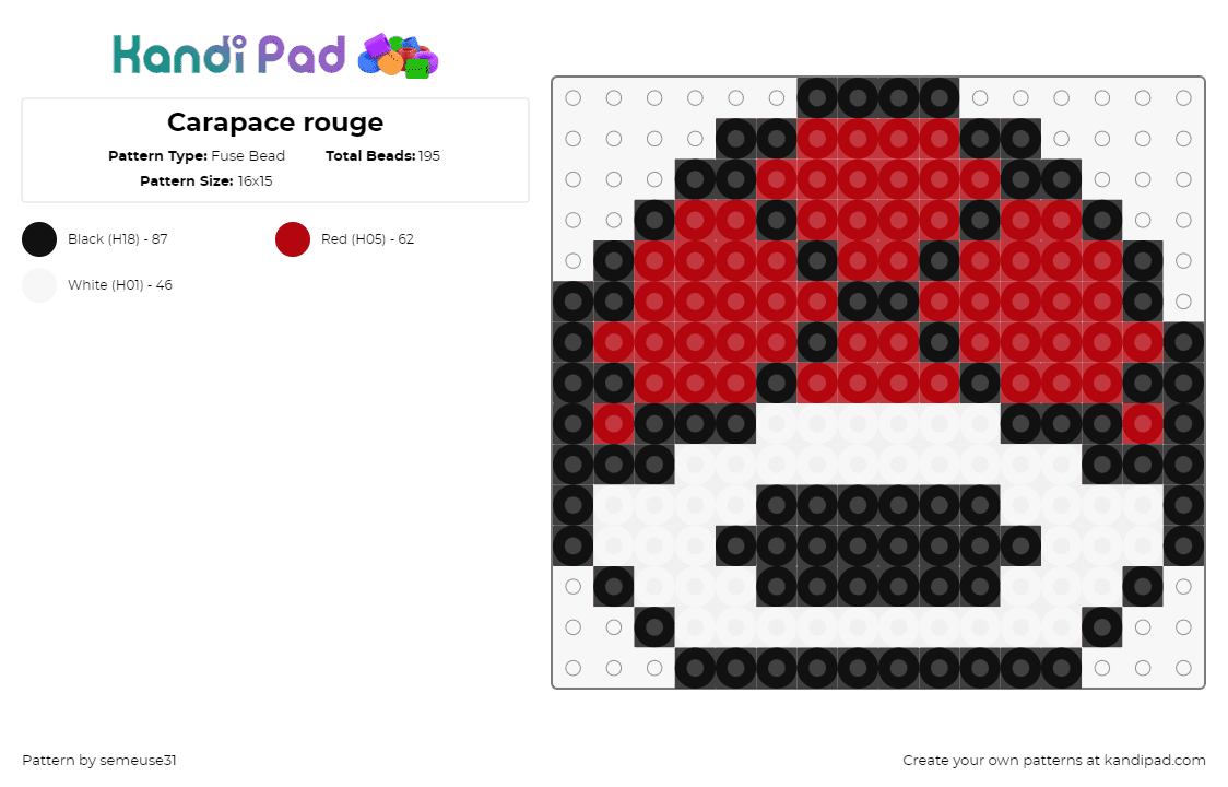 Carapace rouge - Fuse Bead Pattern by semeuse31 on Kandi Pad - shell,mario,nintendo,video game,red,white