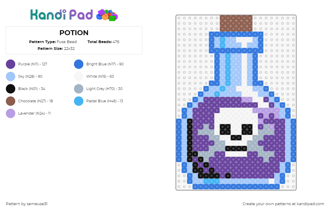 POTION - Fuse Bead Pattern by semeuse31 on Kandi Pad - potion,poison,bottle,cork,skull,crossbones,purple,light blue,blue