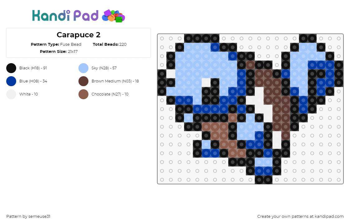 Carapuce 2 - Fuse Bead Pattern by semeuse31 on Kandi Pad - squirtle,pokemon,starter,character,gaming,cute,brown,blue,light blue