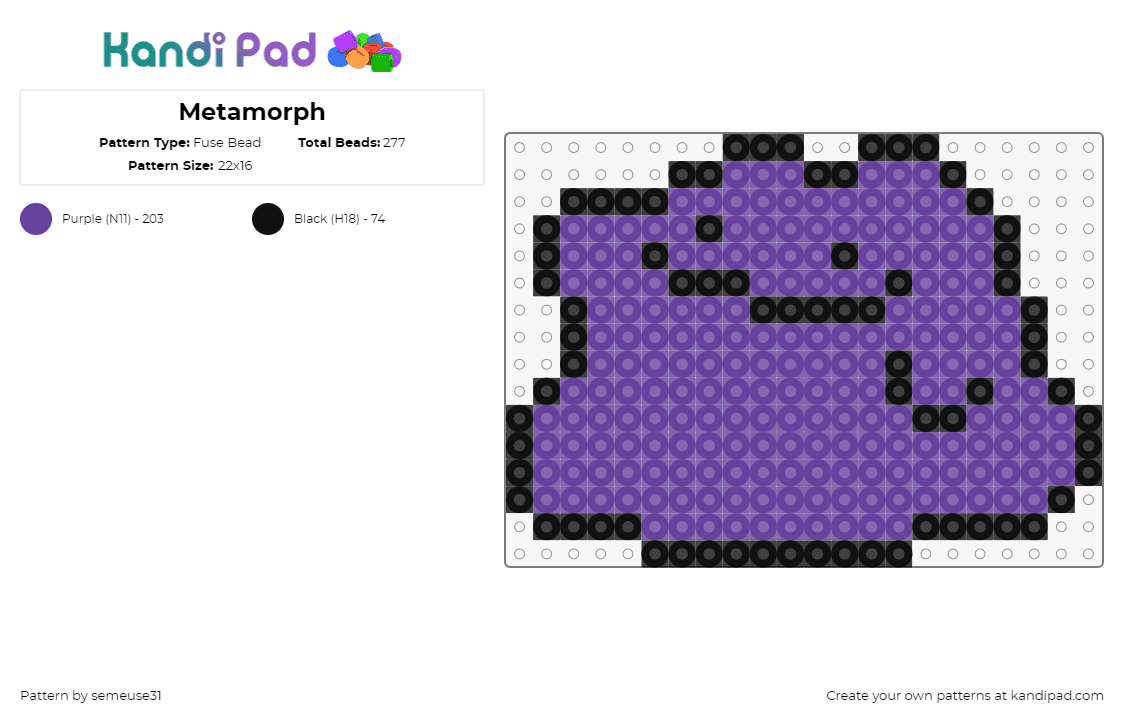 Metamorph - Fuse Bead Pattern by semeuse31 on Kandi Pad - ditto,pokemon,character,blob,gaming,smile,purple