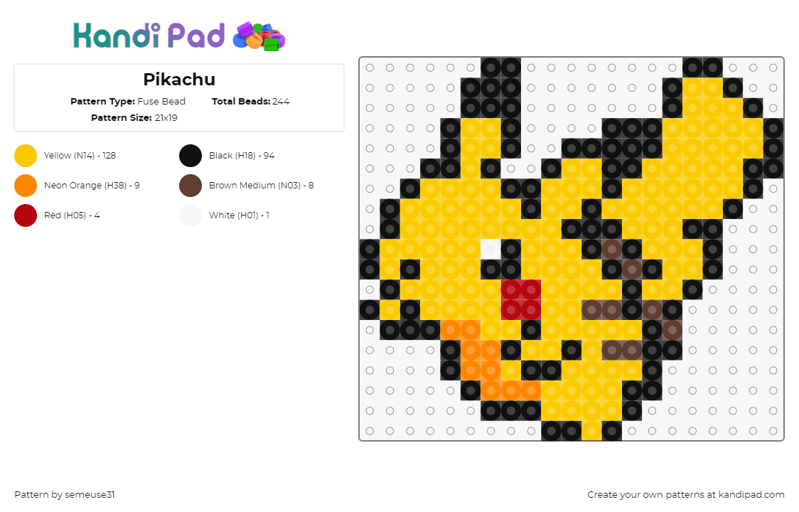 Pikachu - Fuse Bead Pattern by semeuse31 on Kandi Pad - pikachu,pokemon,character,starter,gaming,yellow