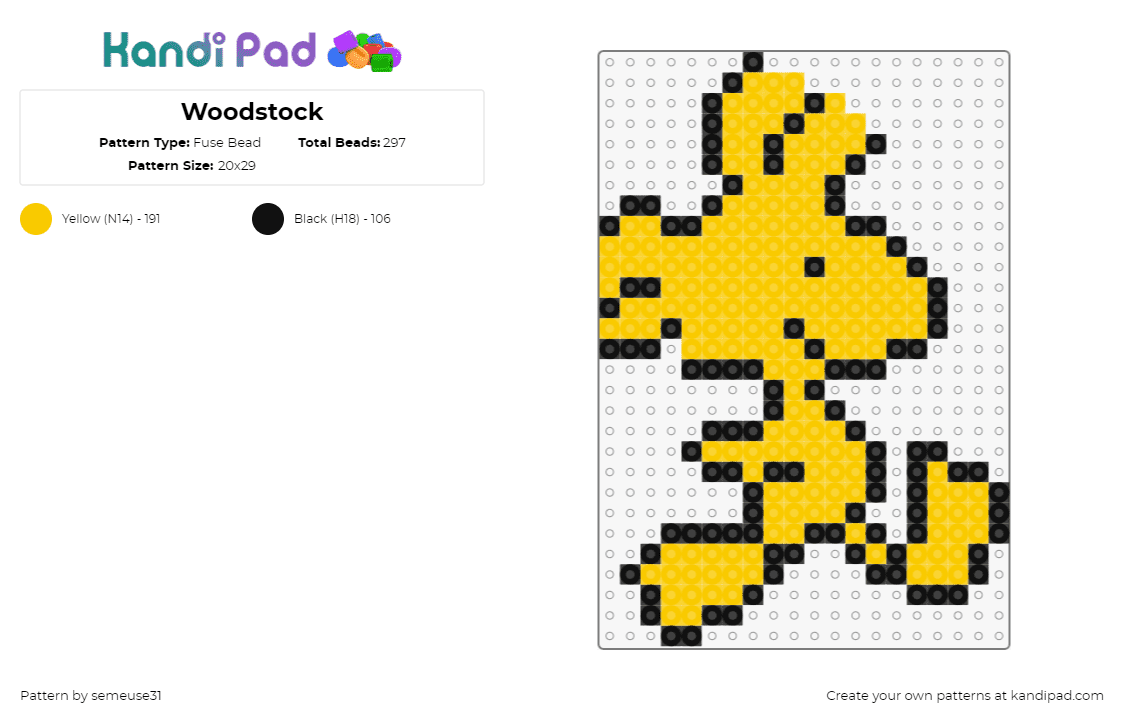 Woodstock - Fuse Bead Pattern by semeuse31 on Kandi Pad - woodstock,peanuts,snoopy,charlie brown,bird,character,comic,yellow