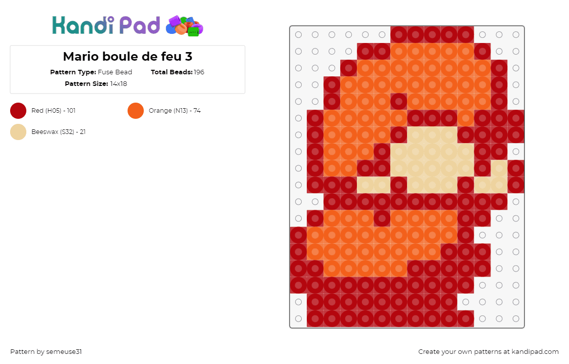 Mario boule de feu 3 - Fuse Bead Pattern by semeuse31 on Kandi Pad - mario,nintendo,character,fiery,video game,crouch,retro,orange