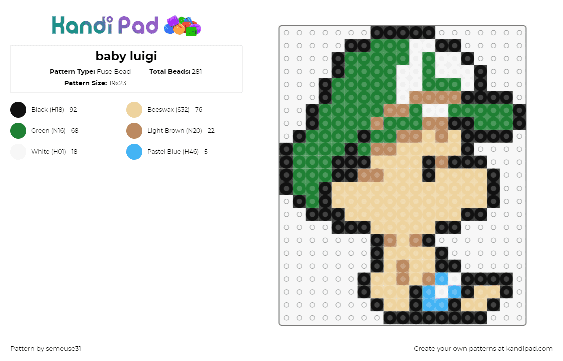 baby luigi - Fuse Bead Pattern by semeuse31 on Kandi Pad - luigi,baby,nintendo,mario,character,hat,video game,tan,green