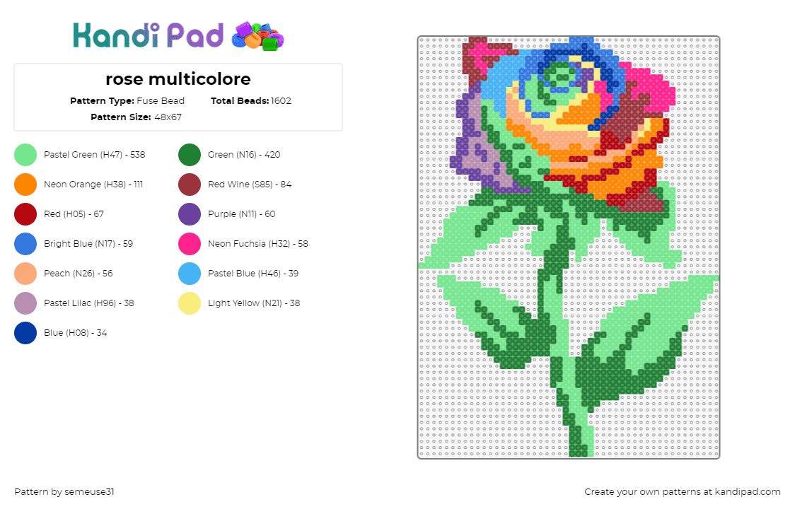 rose multicolore - Fuse Bead Pattern by semeuse31 on Kandi Pad - rose,flower,colorful,nature,green,red