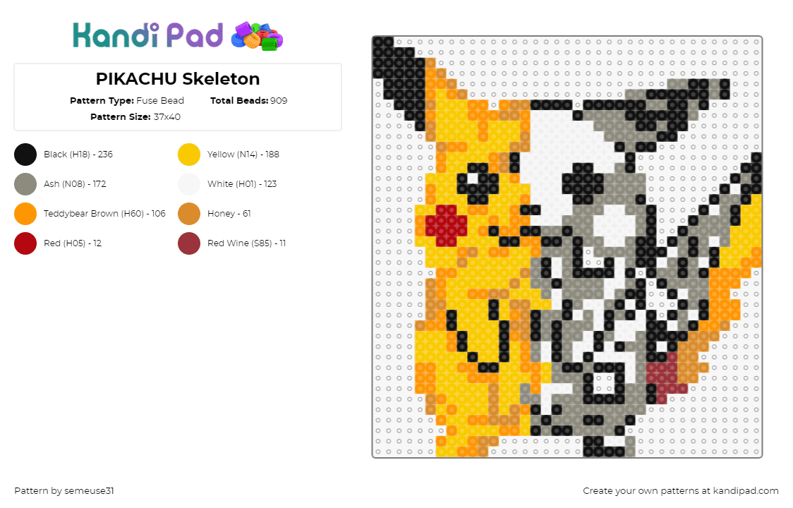 PIKACHU Skeleton - Fuse Bead Pattern by semeuse31 on Kandi Pad - pikachu,skeleton,pokemon,spooky,cute,character,horror,halloween,gaming,yellow,gray